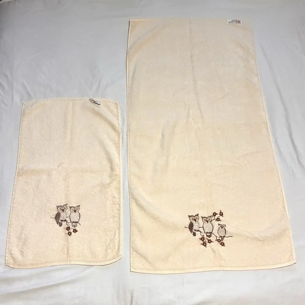 Vintage Set Embroidered Owl Bath Towel & Hand Towel R.A. Briggs Made In USA